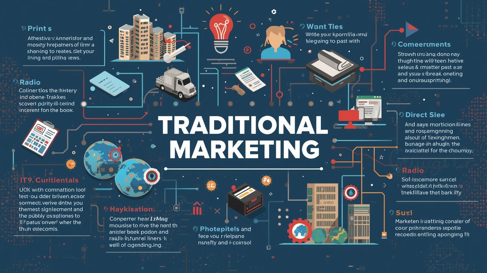 Infographic explaining traditional marketing methods like print, radio, and billboards, contrasted with modern strategies—ideal for promoting Digital Marketing Course Write Now.
