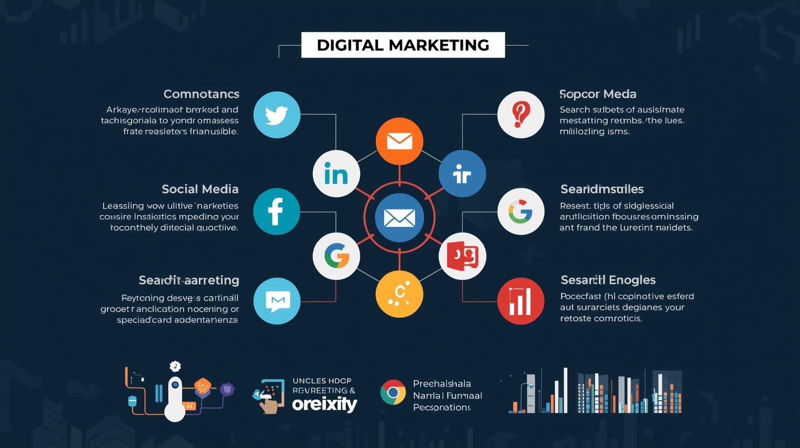 Infographic showing different channels of digital marketing like social media, SEO, and email—perfect for promoting Digital Marketing Course Write Now.