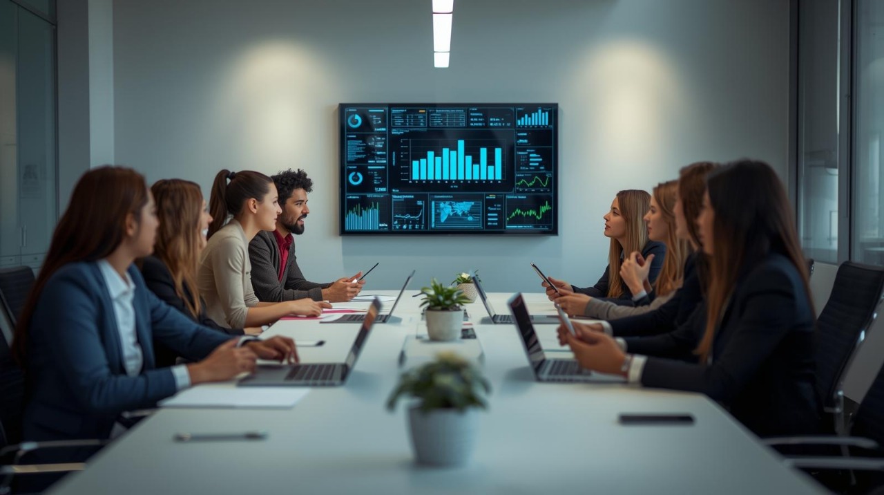 Team discussing analytics during a digital marketing course.