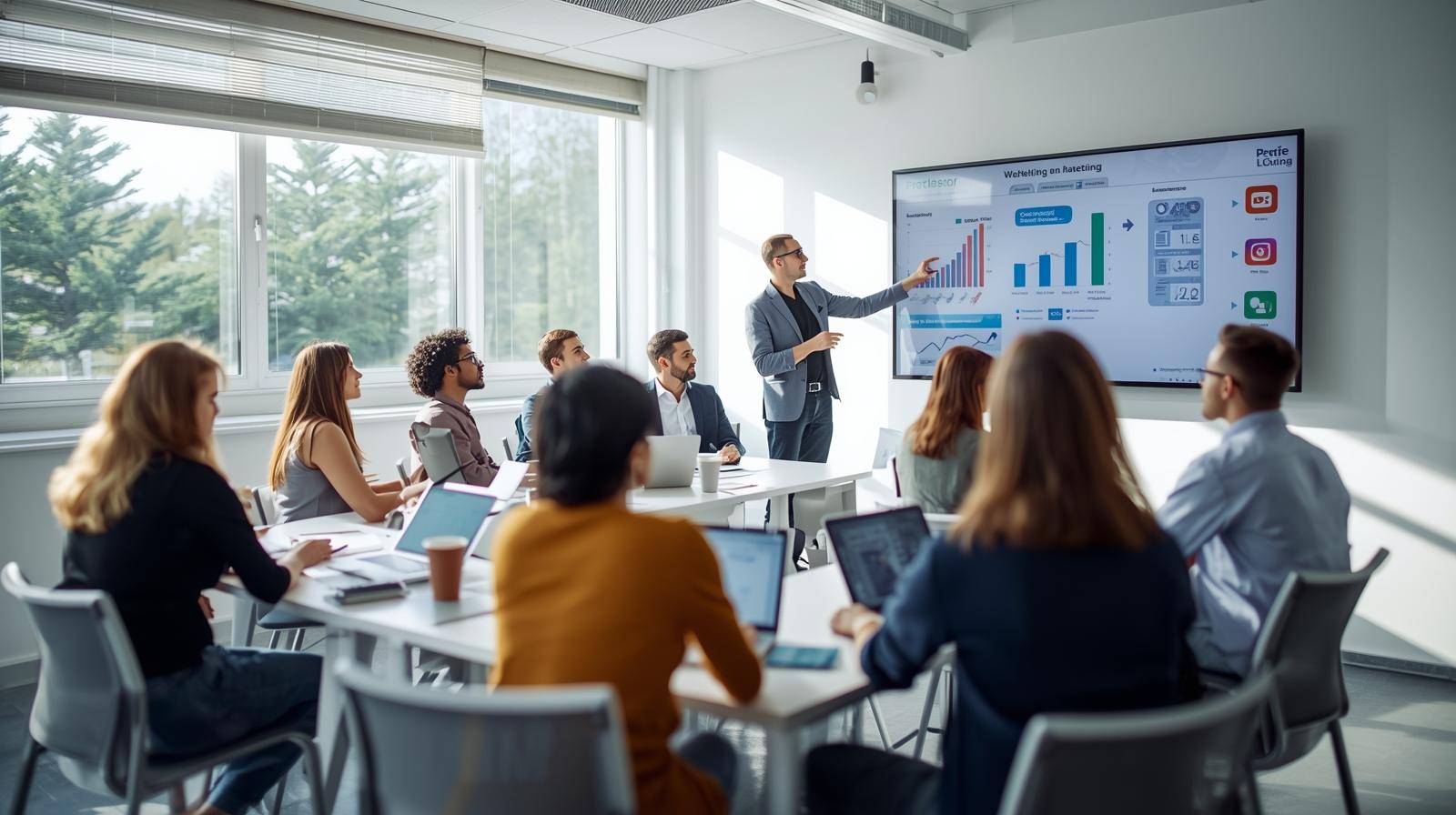 A digital marketing trainer presenting analytics and strategies to a group of professionals in a modern classroom setting.