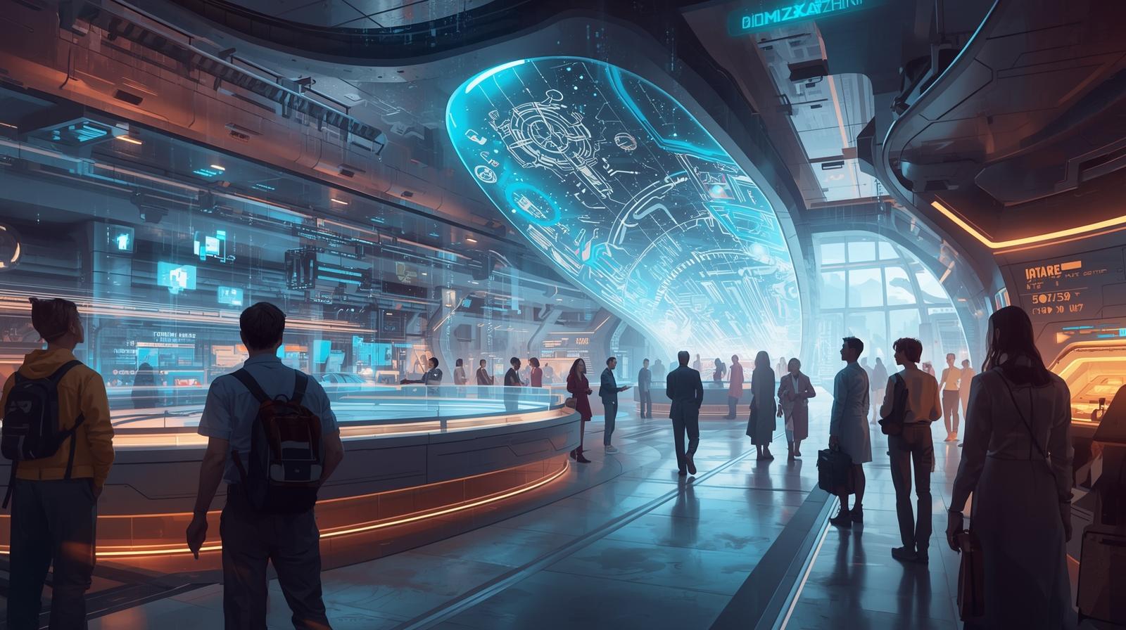 A futuristic high-tech digital world where people are interacting with advanced holographic technology.