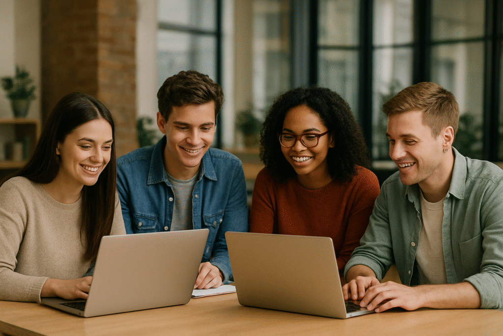 Group of diverse students working on laptops together in a modern coworking space, learning and collaborating on digital marketing freelancing projects.